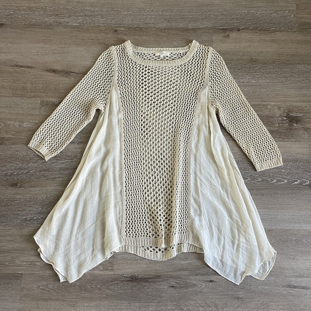 Women's Boho Crochet Knit Tunic Small Ivory Sheer Small Ivory Flowy Festival Top